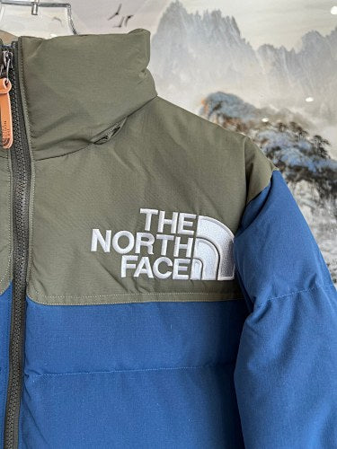 The North Face Blue and Olive Green Colorblock Stand-Collar Puffer Jacket