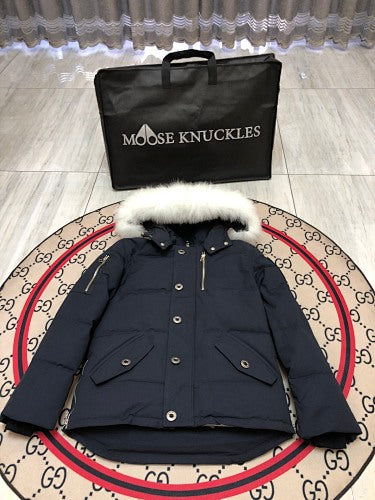 Moose Knuckles Navy Blue Hooded Parka with White Plush Trim
