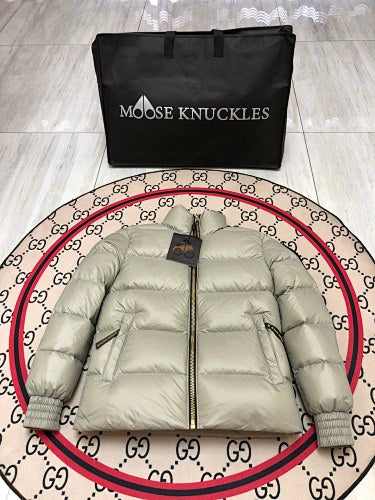 Moose Knuckles Sage Green Glossy Stand-Collar Puffer Jacket with Black Sleeve Patch