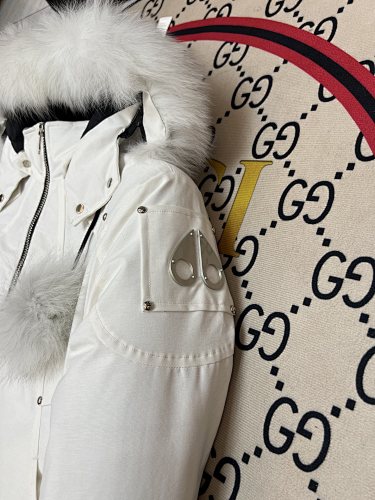Moose Knuckles White Hooded Bomber Jacket with Plush Pom-Poms