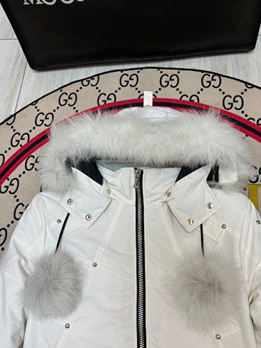 Moose Knuckles White Hooded Bomber Jacket with Plush Pom-Poms