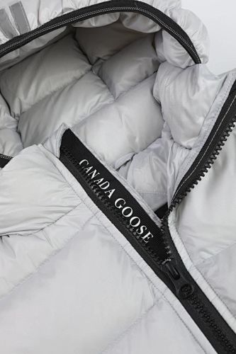Canada Goose White Hooded Puffer Jacket with Contrast Back Stripes