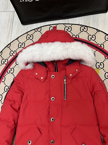 Moose Knuckles Red Hooded Parka with White Plush Trim