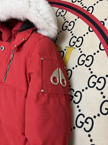 Moose Knuckles Red Hooded Parka with White Plush Trim