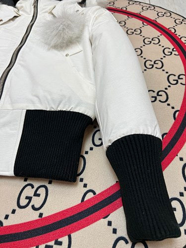 Moose Knuckles White Hooded Bomber Jacket with Plush Pom-Poms