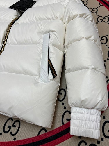 Moose Knuckles White Glossy Stand-Collar Puffer Jacket with Black Sleeve Patch