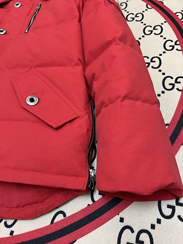 Moose Knuckles Red Hooded Parka with White Plush Trim