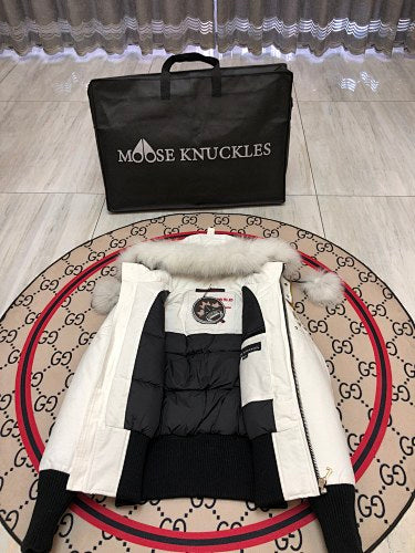 Moose Knuckles White Hooded Bomber Jacket with Plush Pom-Poms
