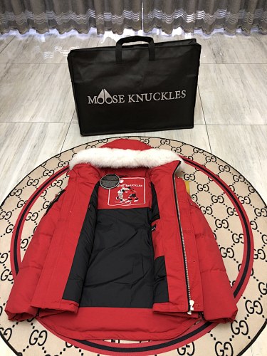 Moose Knuckles Red Hooded Parka with White Plush Trim
