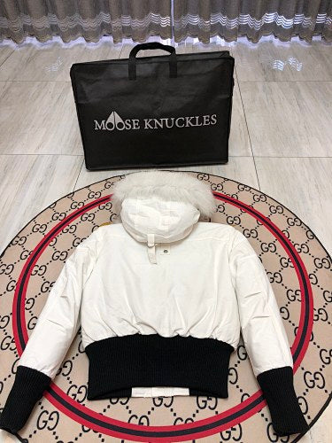 Moose Knuckles White Hooded Bomber Jacket with Plush Pom-Poms
