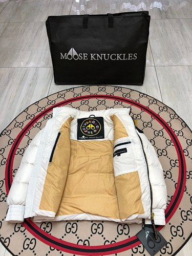 Moose Knuckles White Glossy Stand-Collar Puffer Jacket with Black Sleeve Patch