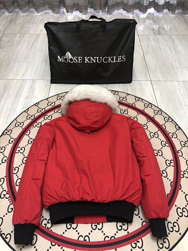 Moose Knuckles Red Hooded Bomber Jacket with White Plush Trim