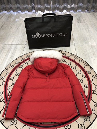 Moose Knuckles Red Hooded Parka with White Plush Trim