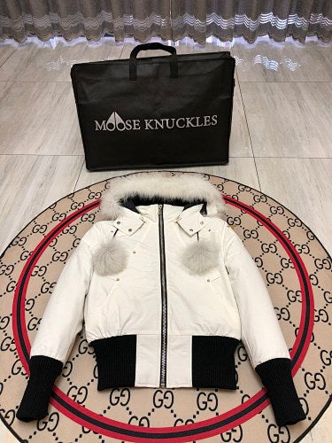 Moose Knuckles White Hooded Bomber Jacket with Plush Pom-Poms