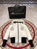 Moose Knuckles White Hooded Bomber Jacket with Plush Pom-Poms