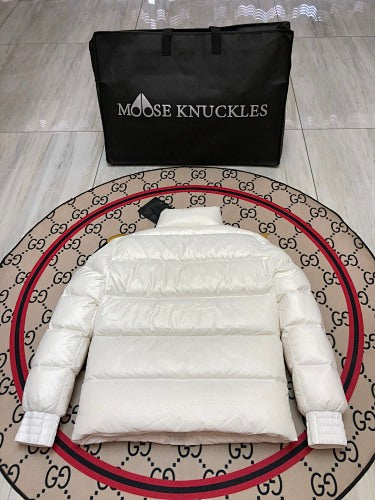 Moose Knuckles White Glossy Stand-Collar Puffer Jacket with Black Sleeve Patch