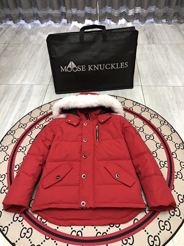 Moose Knuckles Red Hooded Parka with White Plush Trim