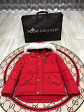 Moose Knuckles Red Hooded Parka with White Plush Trim