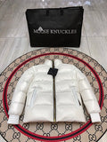 Moose Knuckles White Glossy Stand-Collar Puffer Jacket with Black Sleeve Patch