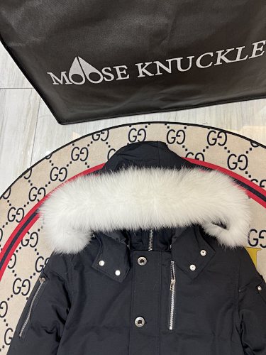 Moose Knuckles Black Hooded Parka with White Plush Trim