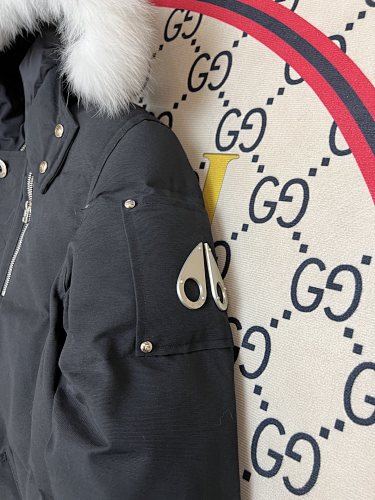 Moose Knuckles Black Hooded Parka with White Plush Trim