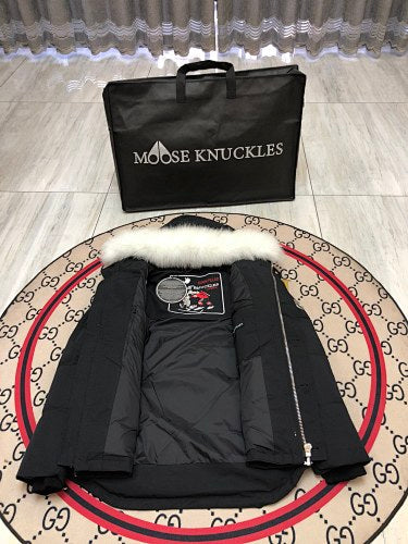 Moose Knuckles Black Hooded Parka with White Plush Trim