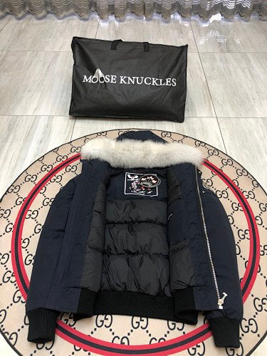 Moose Knuckles Navy Blue Hooded Bomber Jacket with White Plush Trim