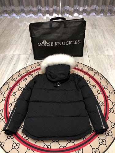 Moose Knuckles Black Hooded Parka with White Plush Trim