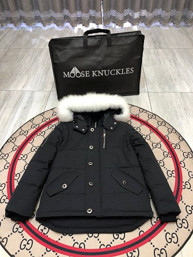 Moose Knuckles Black Hooded Parka with White Plush Trim