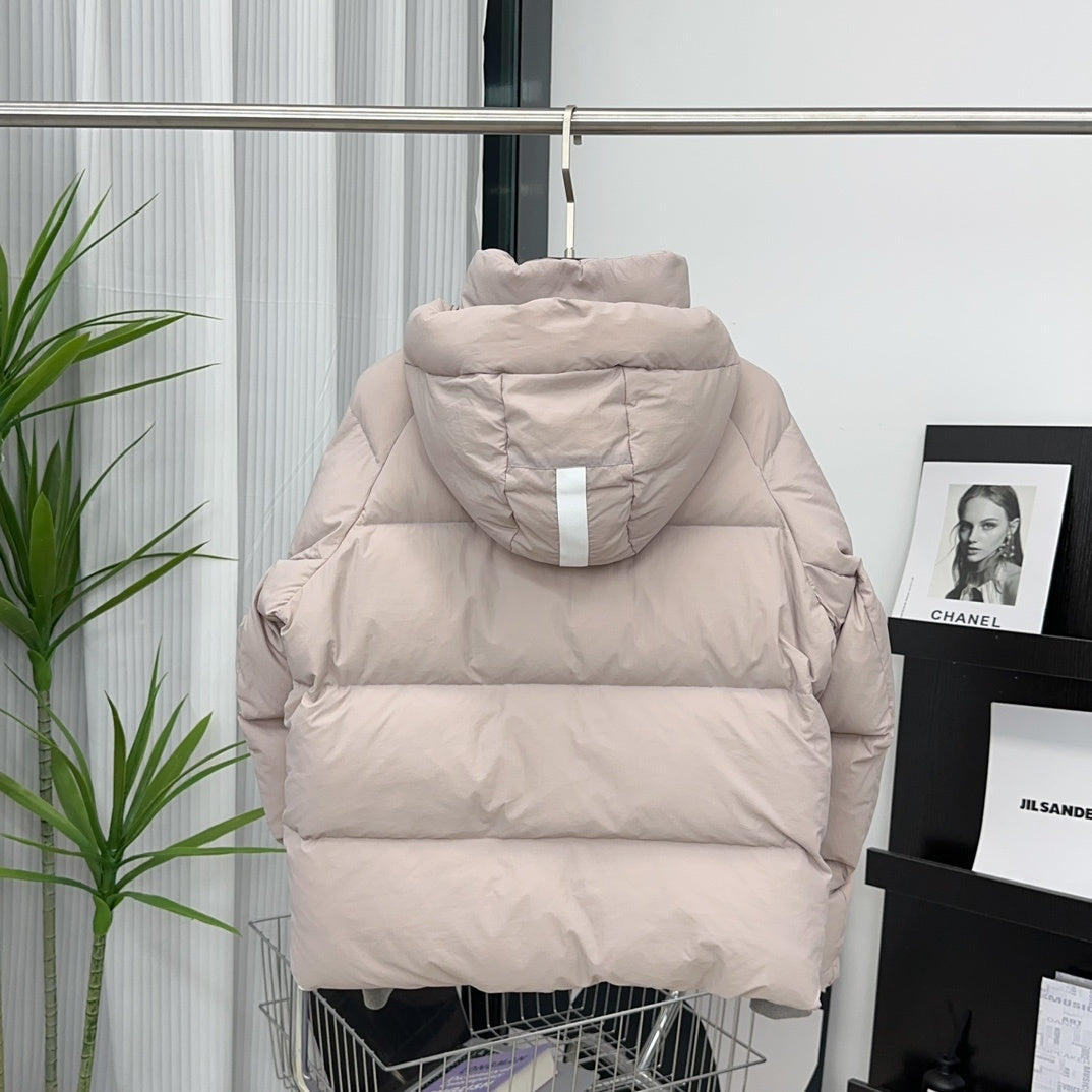 Canada Goose Light Taupe Hooded Puffer Jacket with White Sleeve Badge