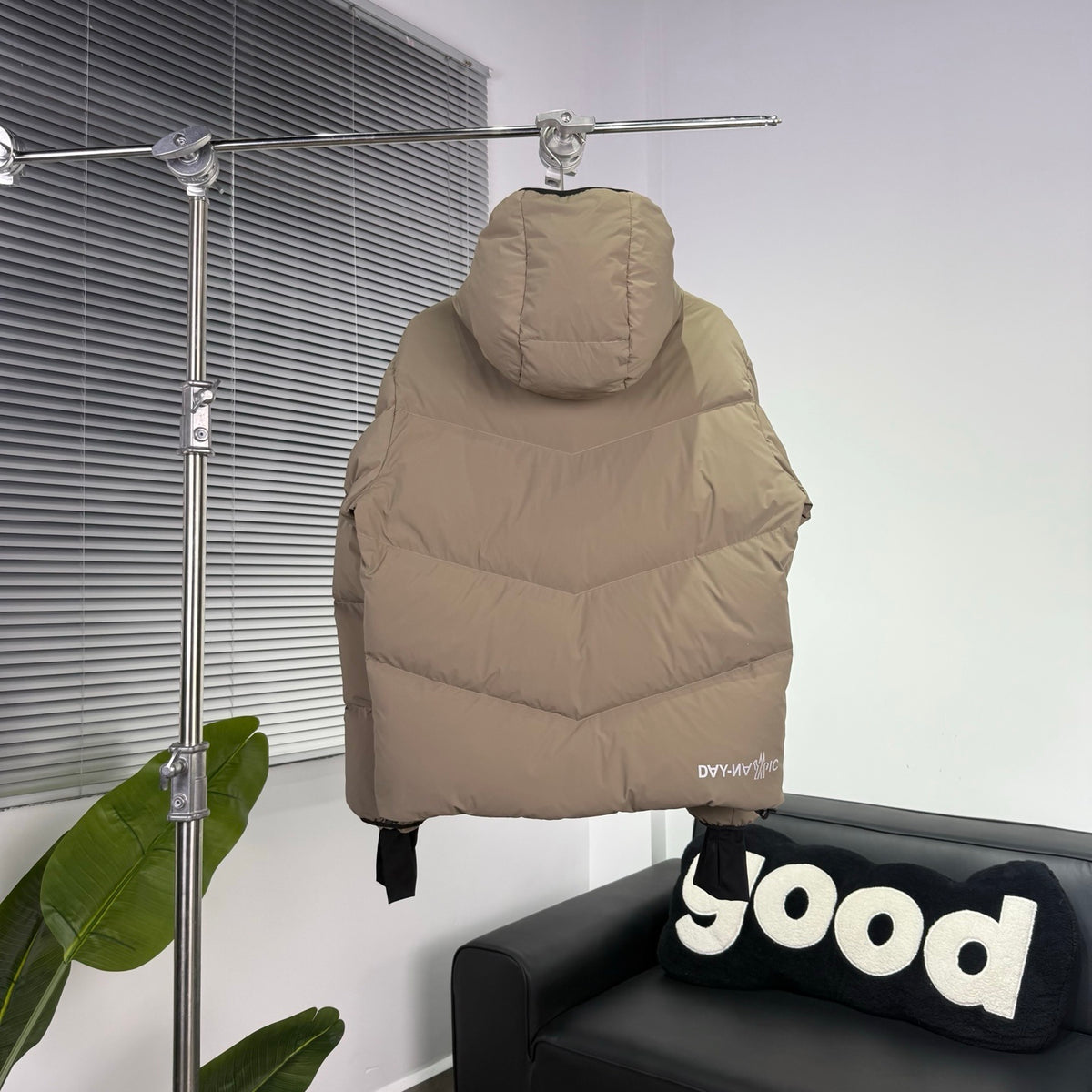 Moncler Sand Beige Hooded Puffer Jacket with Chevron Quilting