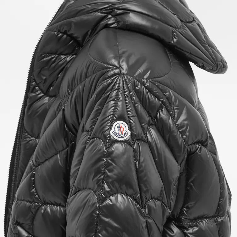 Moncler Black Glossy Hooded Puffer Jacket with Radial Quilting