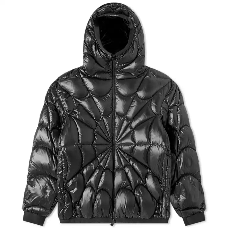 Moncler Black Glossy Hooded Puffer Jacket with Radial Quilting