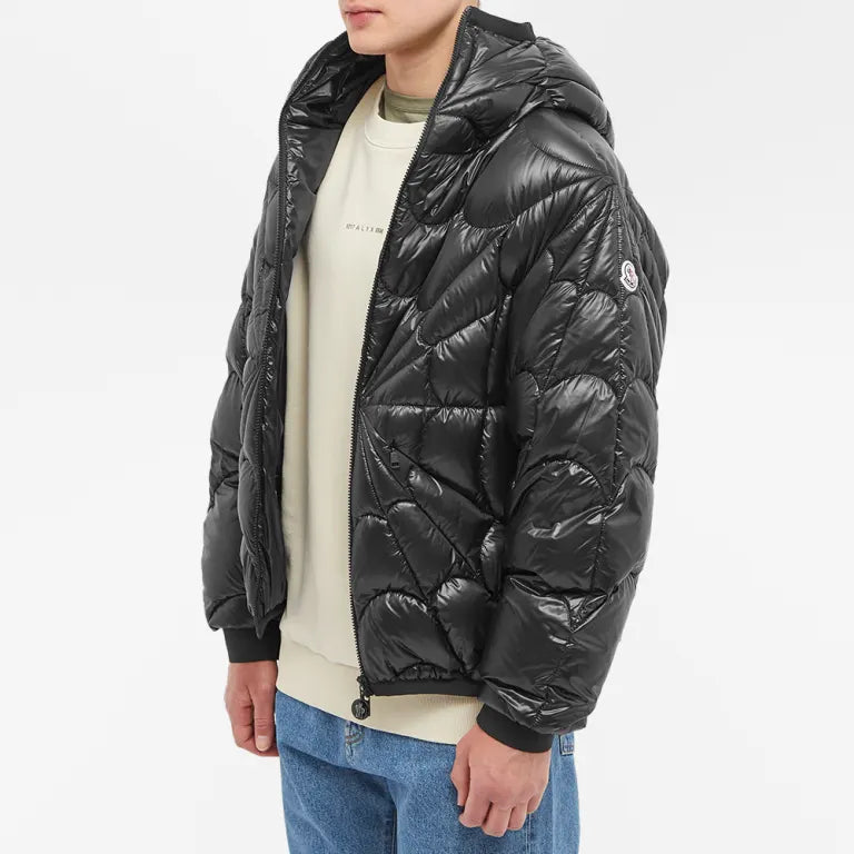 Moncler Black Glossy Hooded Puffer Jacket with Radial Quilting