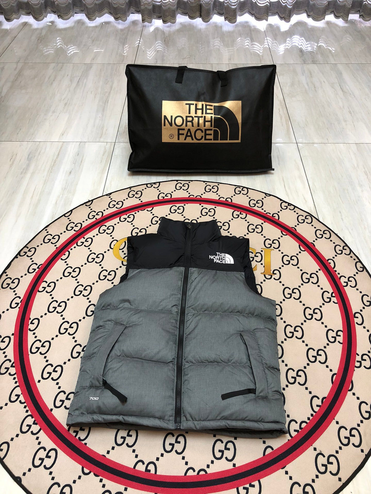 The North Face Gray and Black Colorblock Puffer Vest