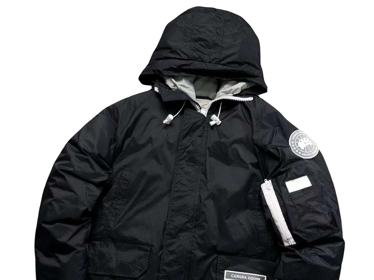 Canada Goose Black Hooded Bomber Jacket with White Ribbed Trim