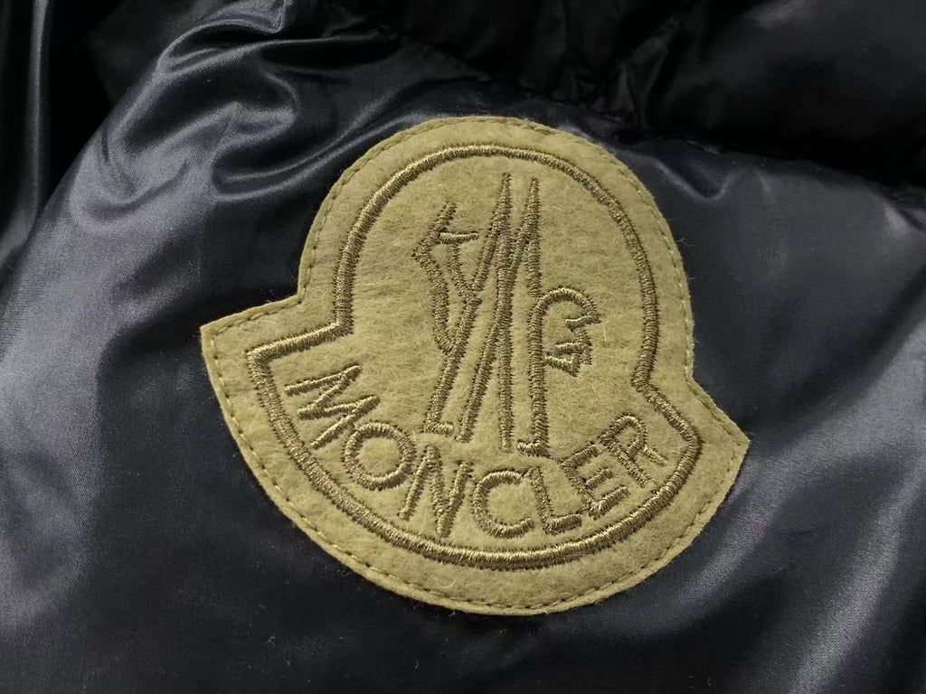 Moncler Black Glossy Stand-Collar Puffer Jacket with Olive Logo Patch