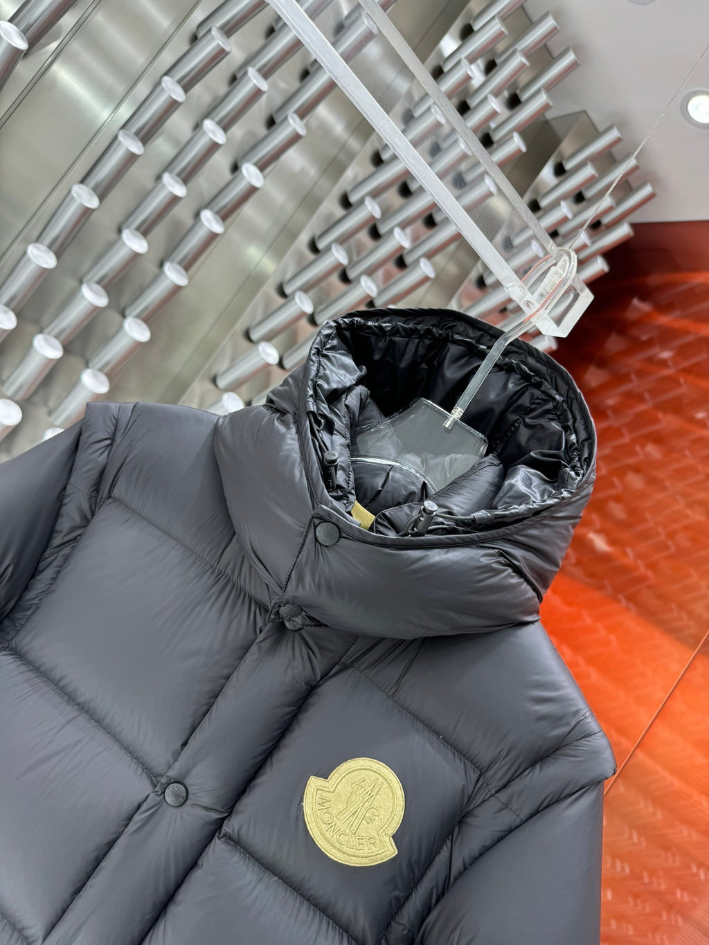 Moncler Dark Gray Hooded Puffer Jacket with Yellow Chest Emblem