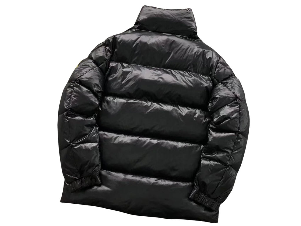 Moncler Black Glossy Stand-Collar Puffer Jacket with Olive Logo Patch