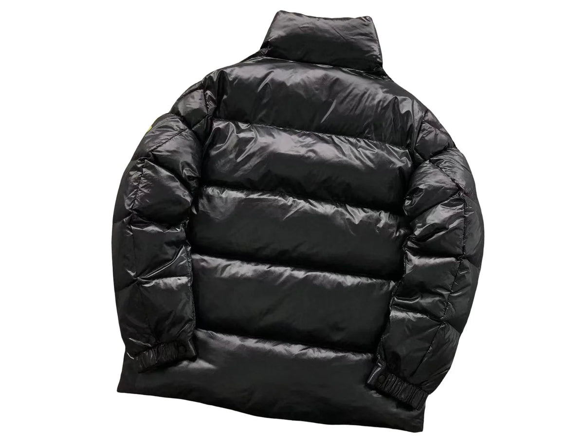 Moncler Black Glossy Stand-Collar Puffer Jacket with Olive Logo Patch