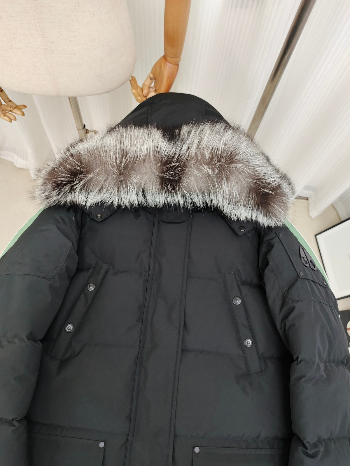 Moose Knuckles Charcoal Gray Quilted Long Parka with Plush Hood Trim