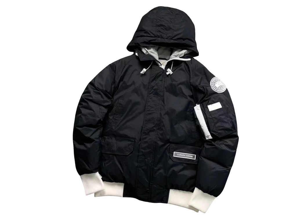 Canada Goose Black Hooded Bomber Jacket with White Ribbed Trim