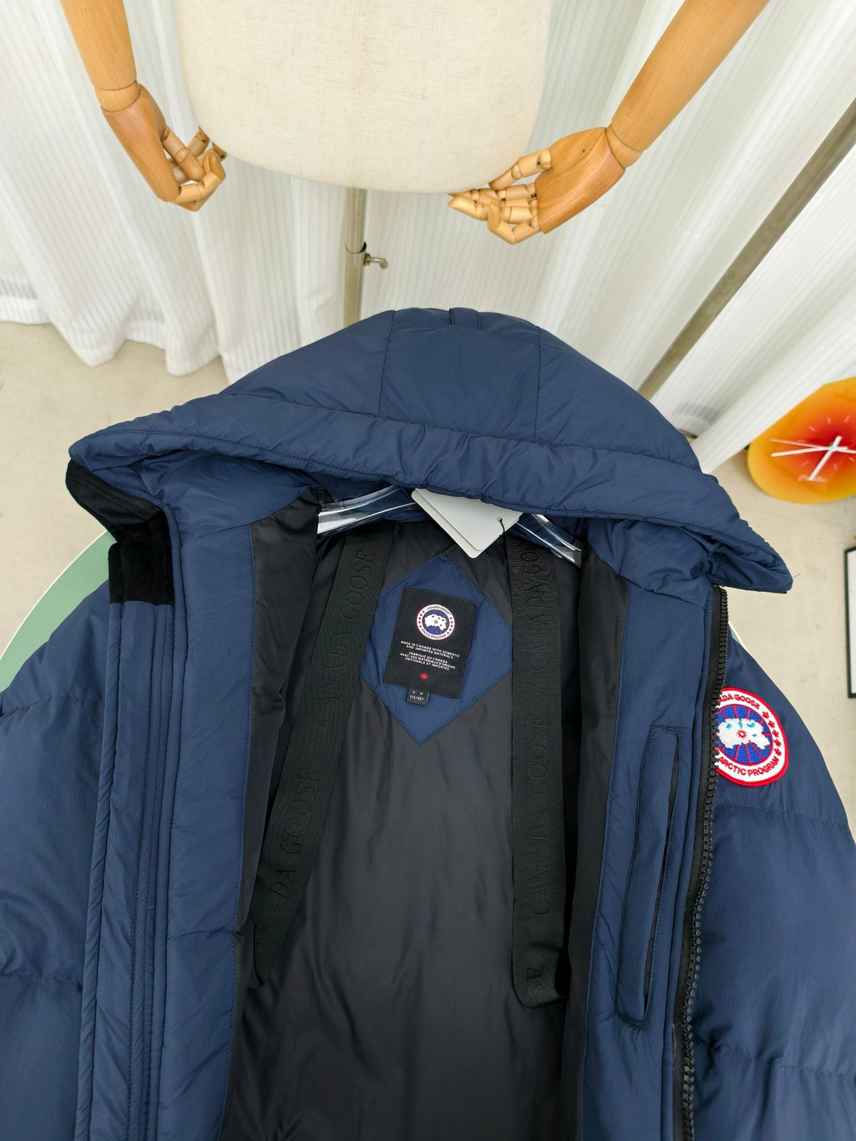 Canada Goose Navy Blue Hooded Puffer Jacket with Classic Sleeve Badge