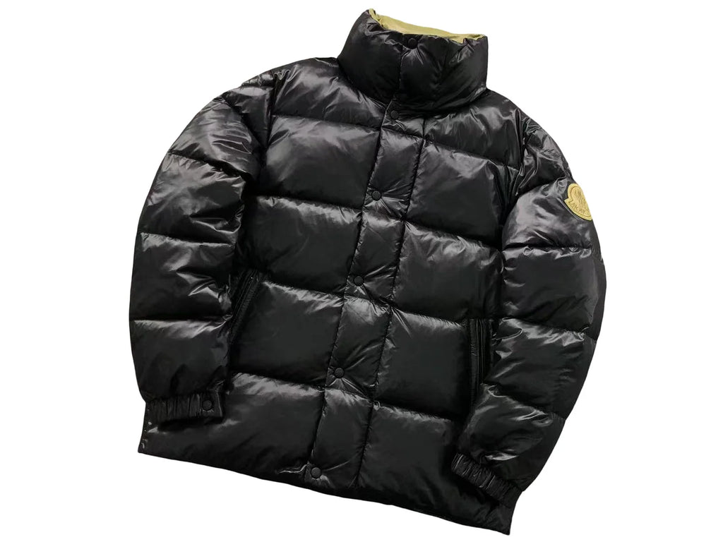 Moncler Black Glossy Stand-Collar Puffer Jacket with Olive Logo Patch