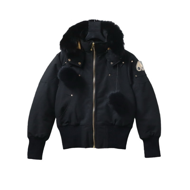 Moose Knuckles Black Hooded Bomber Jacket with Plush Pom-Poms