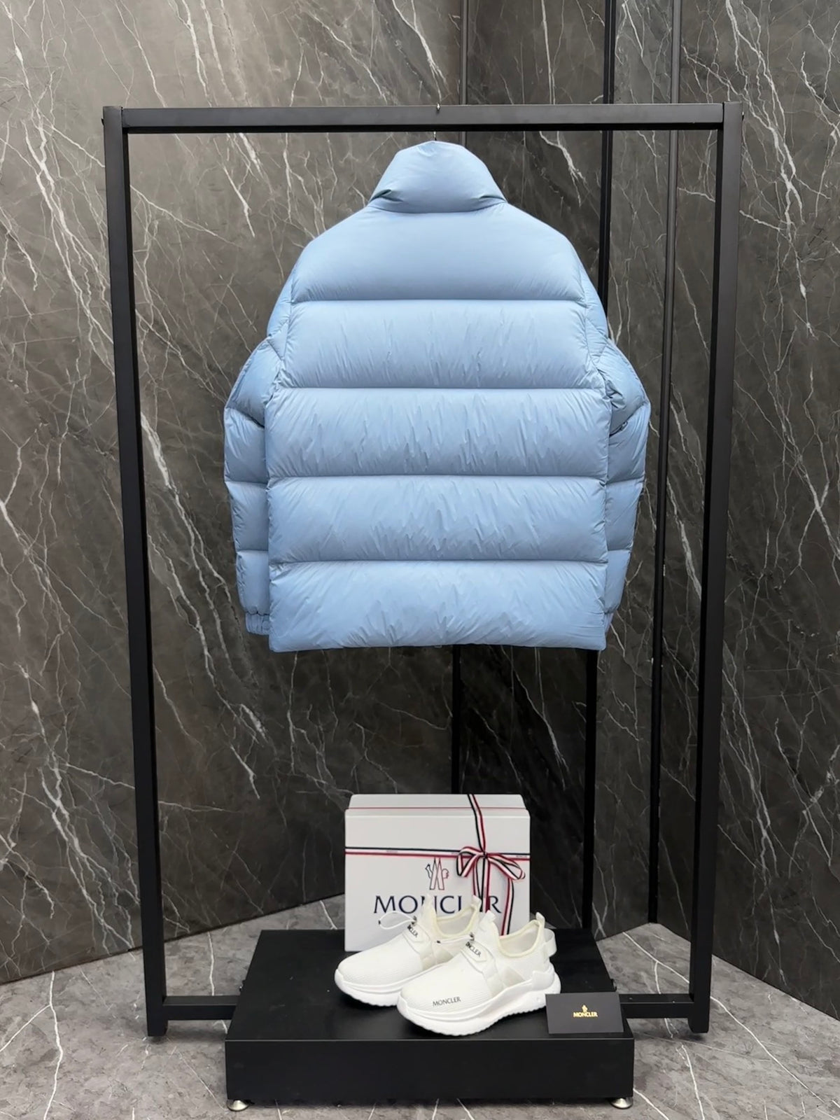 Moncler Light Blue Stand-Collar Puffer Jacket with Chest Logo Patch