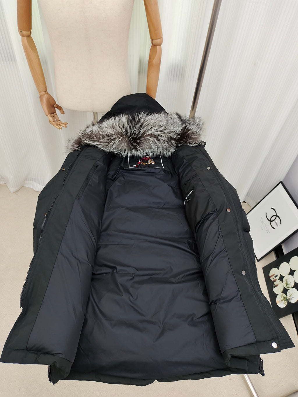 Moose Knuckles Charcoal Gray Quilted Long Parka with Plush Hood Trim