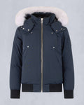 Moose Knuckles Navy Blue Hooded Bomber Jacket with White Plush Trim