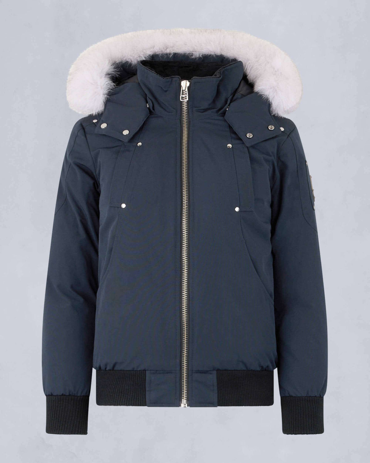 Moose Knuckles Navy Blue Hooded Bomber Jacket with White Plush Trim
