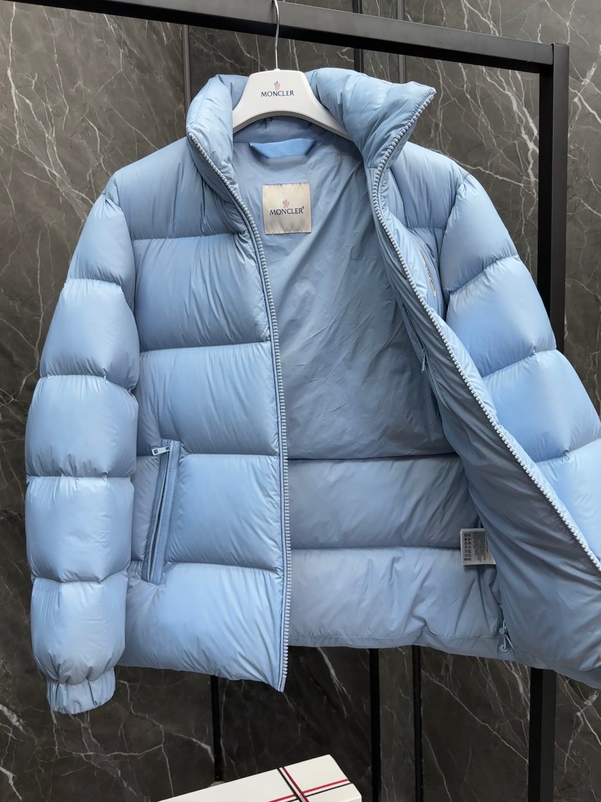 Moncler Light Blue Stand-Collar Puffer Jacket with Chest Logo Patch